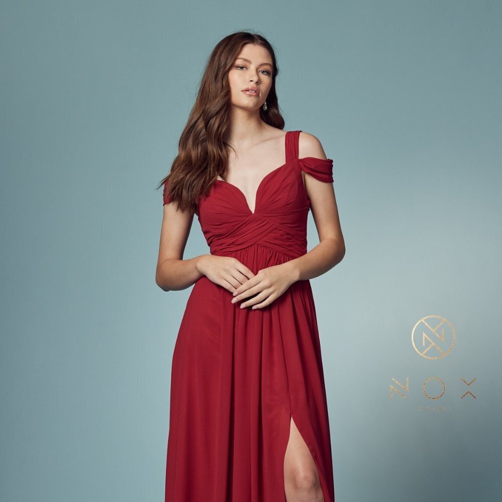 N/A NEW LONG OFF THE SHOULDER A-LINE CHIFFON DRESS WITH PLEATED BODICE & Y277